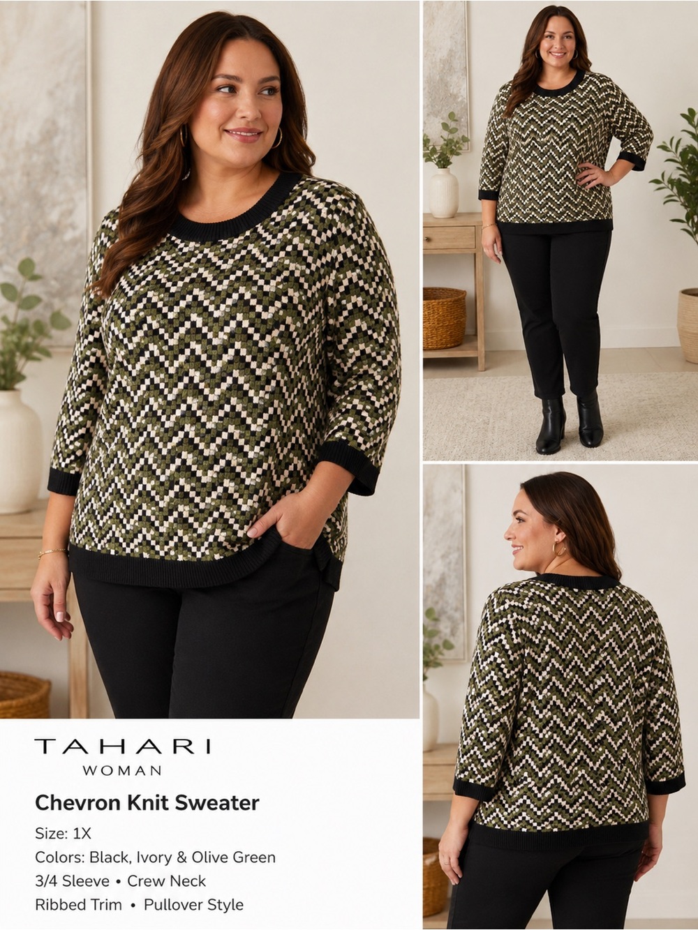 Tahari Woman Plus 1X Black Ivory Olive Chevron Knit Sweater‎ 3/4 Sleeve Pullover